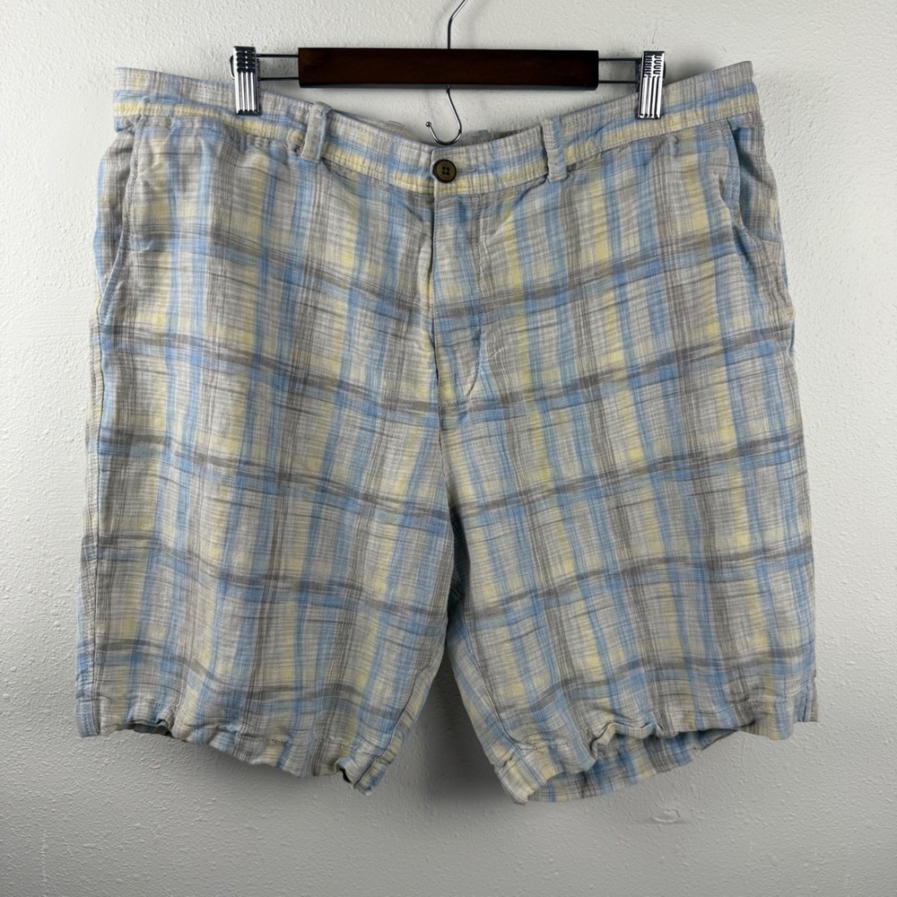 Tommy Bahama Mens Plaid Linen Blend Shorts Blue Yellow Tan Size‎ 40 Flat Front